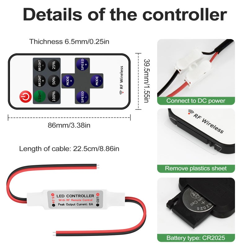 RGBZONE 2 Pack RF Wireless Remote Controller, DC5V-DC24V Single Color 5050 3528 5630 LED Strip Lights, Dimmer Controller Brightness & Effect Mode, RF Wireless Remote Control - Image 4